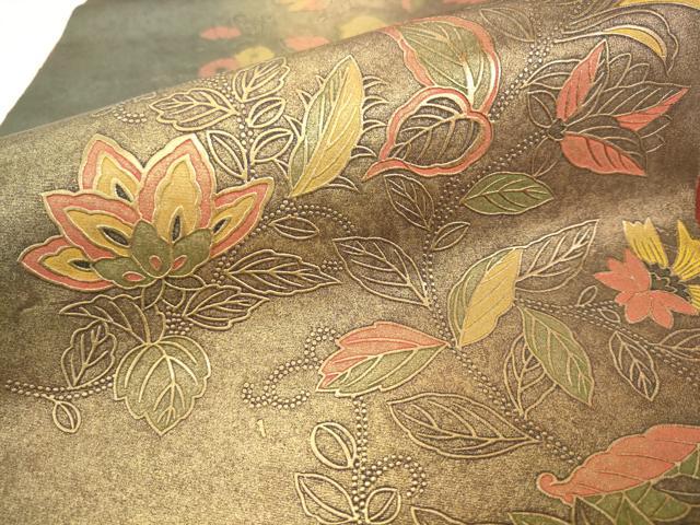 平和屋着物●全通柄袋帯　本場大島紬　更紗花文　金彩　宮之原織物謹製　証紙付き　正絹　逸品　AABK6768pf