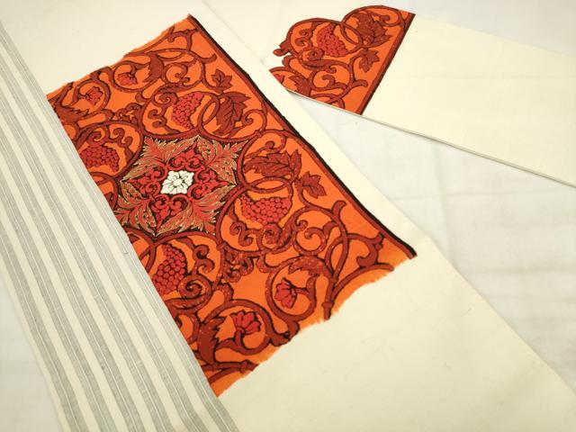 平和屋着物●九寸名古屋帯　紬地　葡萄蔦の葉文　金彩　正絹　逸品　AABK6781pf