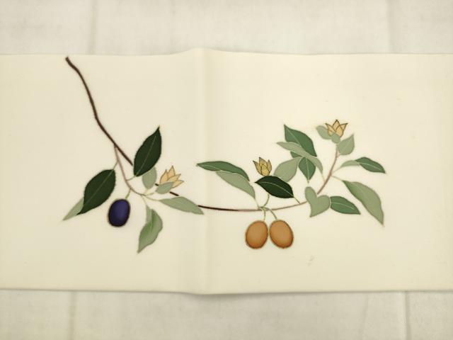 平和屋着物●塩瀬　つけ帯　駒刺繍　南天文　金糸　正絹　逸品　AABK6783pf