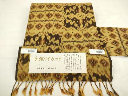 平和屋着物●全通柄九寸名古屋帯　手織りイカット　証紙付き　綿　AABK6787pf