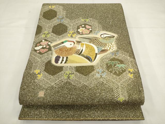 平和屋着物●人間国宝・羽田登喜男 綴れ 太鼓柄袋帯 鴛鴦花文 金銀糸 正絹 逸品 AABK6806pf