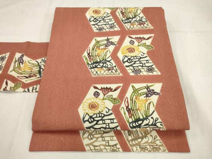 平和屋着物●九寸名古屋帯　紅型　草花文　金通し地　正絹　逸品　AABK6812pf