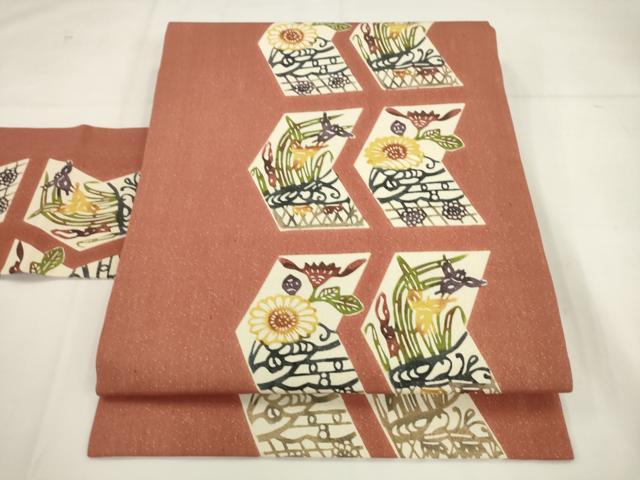 平和屋着物●九寸名古屋帯　紅型　草花文　金通し地　正絹　逸品　AABK6812pf