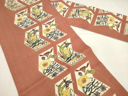 平和屋着物●九寸名古屋帯　紅型　草花文　金通し地　正絹　逸品　AABK6812pf