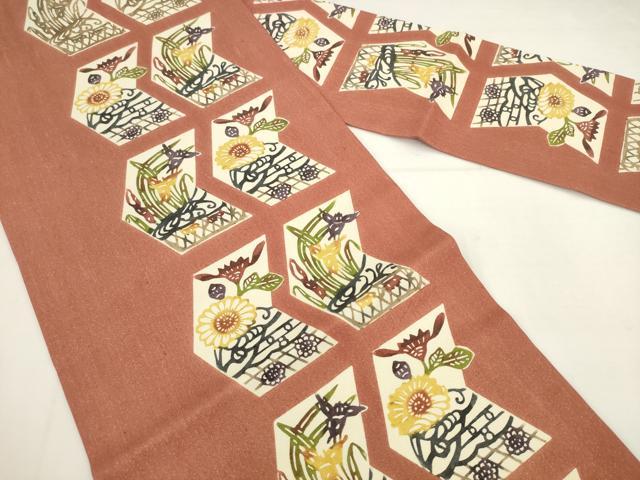 平和屋着物●九寸名古屋帯　紅型　草花文　金通し地　正絹　逸品　AABK6812pf