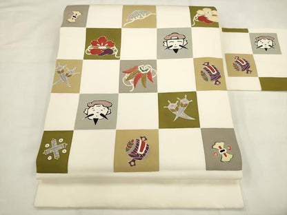 平和屋着物●塩瀬　九寸名古屋帯　宝尽くし　金彩　五泉　正絹　逸品　AABK6813pf
