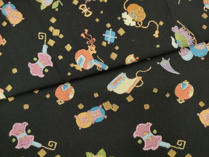 平和屋着物●九寸名古屋帯　唐織　宝尽くし　黒地　金糸　正絹　逸品　AABK6815pf