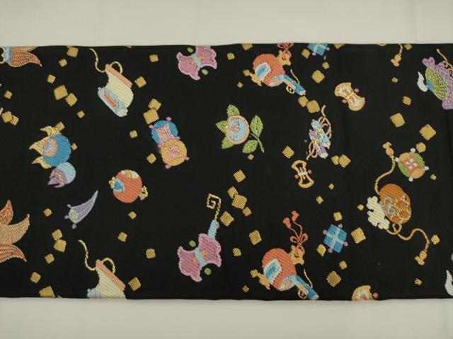平和屋着物●九寸名古屋帯　唐織　宝尽くし　黒地　金糸　正絹　逸品　AABK6815pf