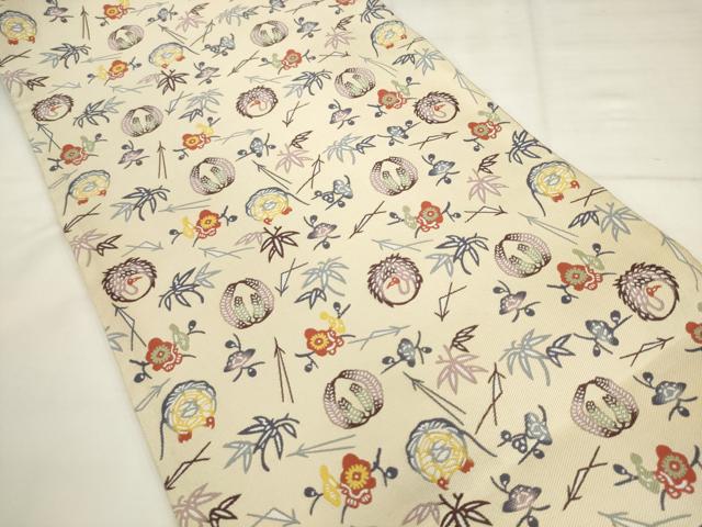 平和屋着物●六通柄袋帯　紹巴紅型　花鳥文　正絹　逸品　AABK6816pf
