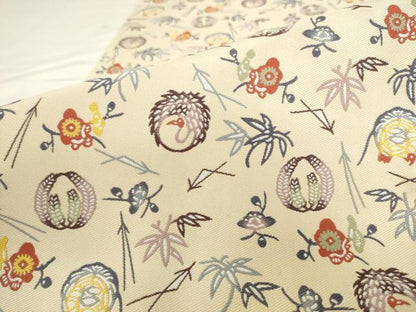 平和屋着物●六通柄袋帯　紹巴紅型　花鳥文　正絹　逸品　AABK6816pf