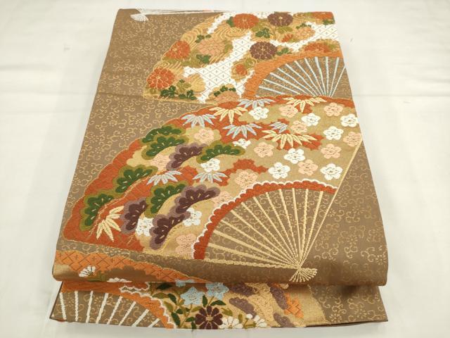 平和屋着物●西陣　河合美術織物謹製　六通柄袋帯　唐織　扇面草花文　金糸　正絹　逸品　AABK6819pf