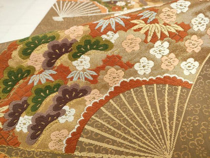 平和屋着物●西陣　河合美術織物謹製　六通柄袋帯　唐織　扇面草花文　金糸　正絹　逸品　AABK6819pf
