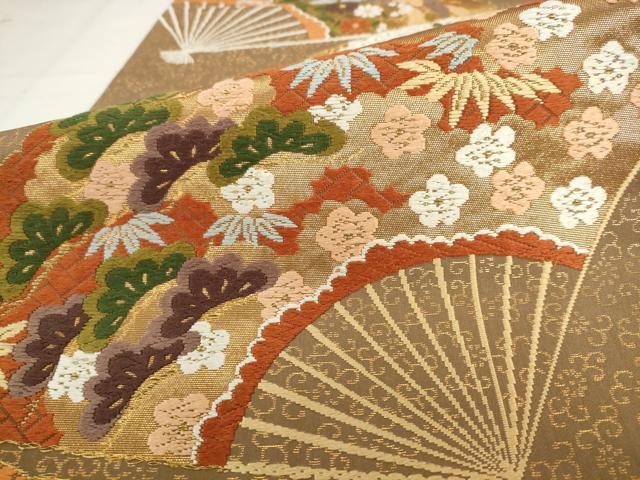 平和屋着物●西陣　河合美術織物謹製　六通柄袋帯　唐織　扇面草花文　金糸　正絹　逸品　AABK6819pf