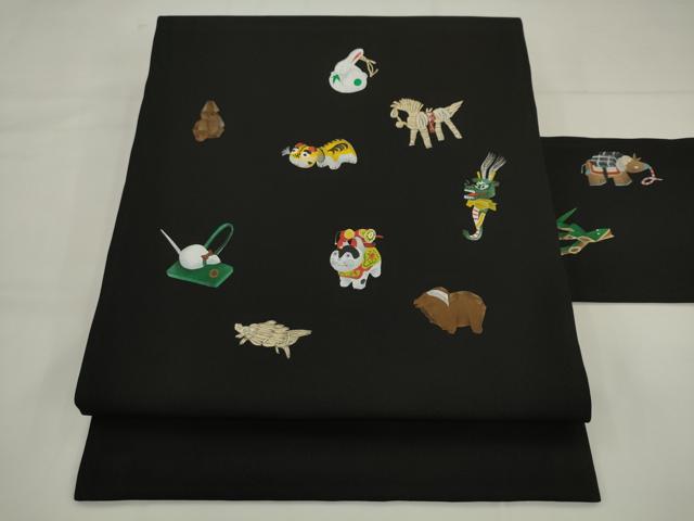 平和屋着物●塩瀬　九寸名古屋帯　手描き　十二支　黒地　正絹　逸品　AABK6820pf