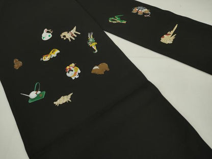 平和屋着物●塩瀬　九寸名古屋帯　手描き　十二支　黒地　正絹　逸品　AABK6820pf
