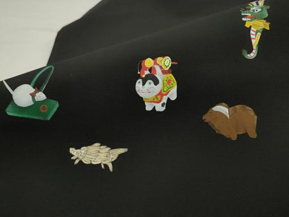 平和屋着物●塩瀬　九寸名古屋帯　手描き　十二支　黒地　正絹　逸品　AABK6820pf