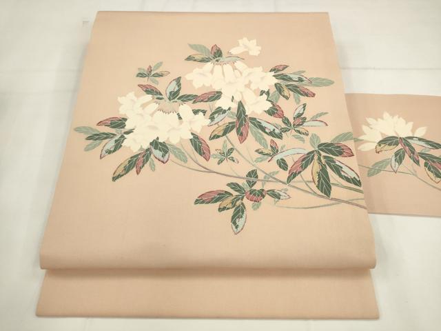 平和屋着物●塩瀬　九寸名古屋帯　友禅作家物　草花文　正絹　逸品　AABK6822pf