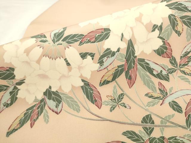 平和屋着物●塩瀬　九寸名古屋帯　友禅作家物　草花文　正絹　逸品　AABK6822pf