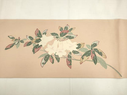 平和屋着物●塩瀬　九寸名古屋帯　友禅作家物　草花文　正絹　逸品　AABK6822pf