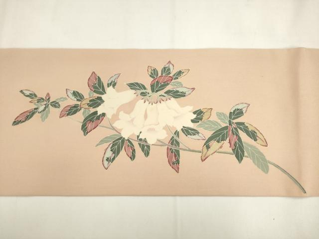 平和屋着物●塩瀬　九寸名古屋帯　友禅作家物　草花文　正絹　逸品　AABK6822pf