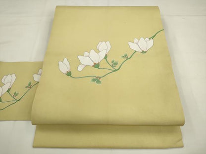 平和屋着物●塩瀬　九寸名古屋帯　枝花文　正絹　逸品　AABK6824pf