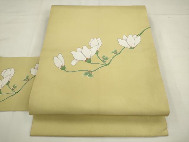 平和屋着物●塩瀬　九寸名古屋帯　枝花文　正絹　逸品　AABK6824pf