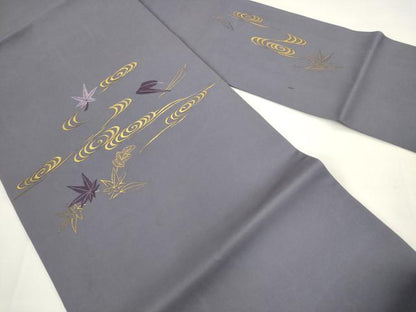 平和屋着物●京繍作家　合田峰太郎　塩瀬　九寸名古屋帯　刺繍　流水舞葉文　金彩　正絹　逸品　AABK6825pf