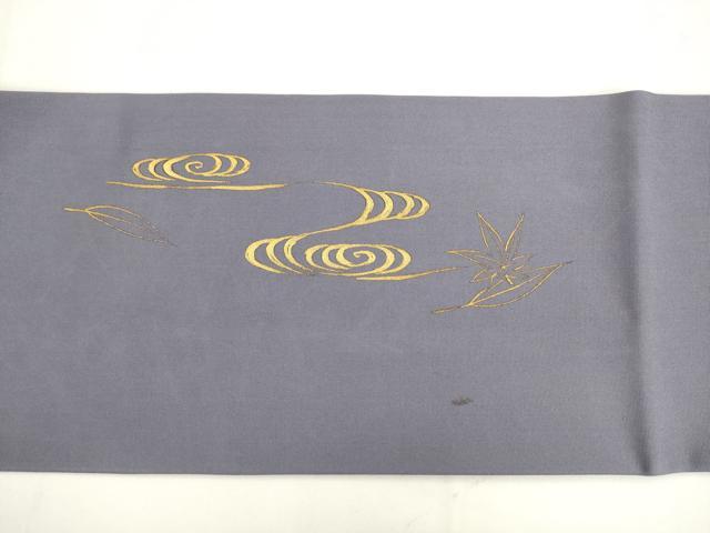 平和屋着物●京繍作家　合田峰太郎　塩瀬　九寸名古屋帯　刺繍　流水舞葉文　金彩　正絹　逸品　AABK6825pf