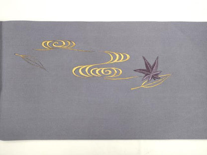 平和屋着物●京繍作家　合田峰太郎　塩瀬　九寸名古屋帯　刺繍　流水舞葉文　金彩　正絹　逸品　AABK6825pf