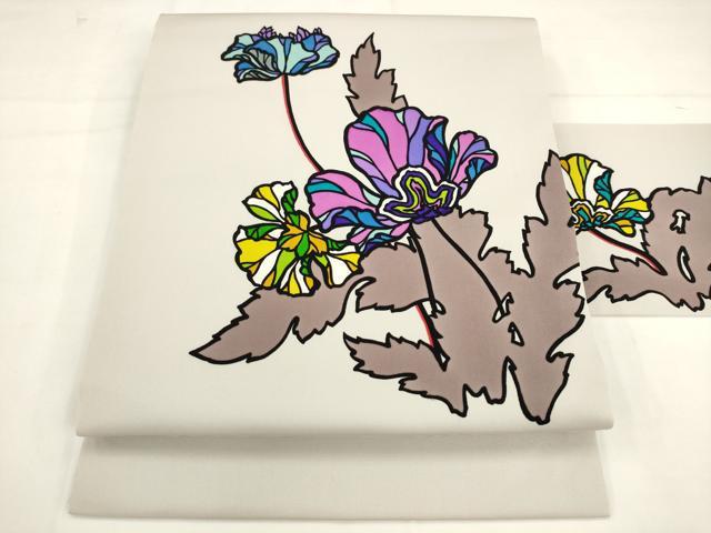 平和屋着物●塩瀬　九寸名古屋帯　草花文　正絹　逸品　AABK6827pf