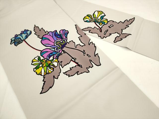 平和屋着物●塩瀬　九寸名古屋帯　草花文　正絹　逸品　AABK6827pf
