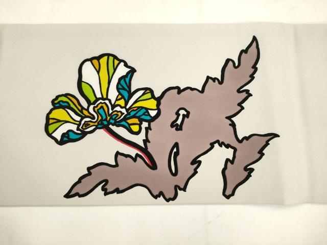 平和屋着物●塩瀬　九寸名古屋帯　草花文　正絹　逸品　AABK6827pf