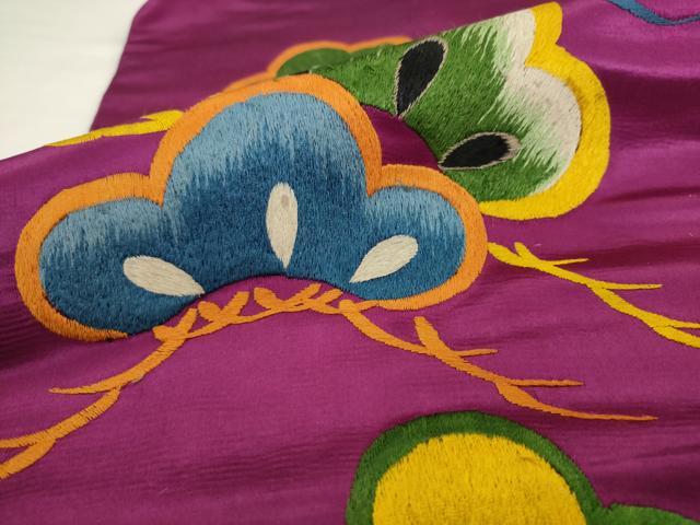 平和屋着物●アンティーク　大正ロマン　九寸名古屋帯　総手刺繍　松　正絹　逸品　AABK6829pf
