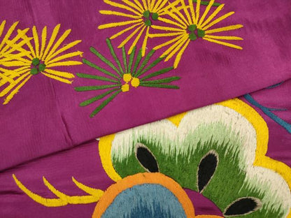 平和屋着物●アンティーク　大正ロマン　九寸名古屋帯　総手刺繍　松　正絹　逸品　AABK6829pf