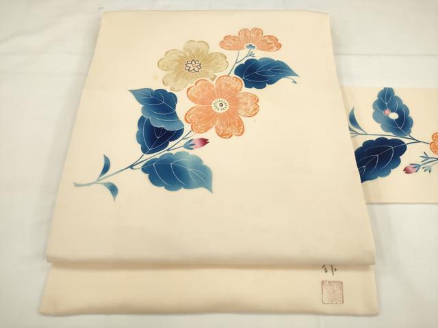 平和屋着物●東京友禅　熊谷好博子　塩瀬　九寸名古屋帯　草花文　正絹　逸品　AABK6831pf