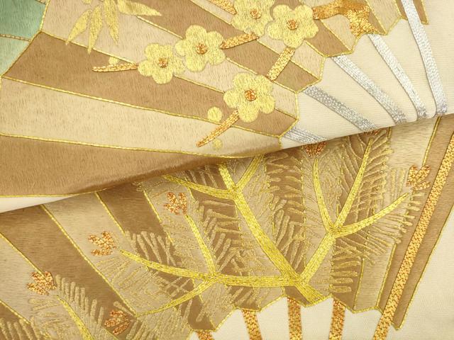 平和屋着物●西陣　川島織物　太鼓柄袋帯　駒刺繍　総刺繍　扇面枝花文　松竹梅　金銀糸　正絹　逸品　AABK6840pf