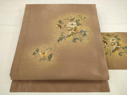 平和屋着物●九寸名古屋帯　総刺繍　花鳥文　金銀糸　正絹　逸品　AABK6841pf