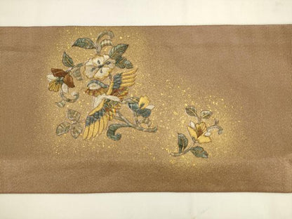 平和屋着物●九寸名古屋帯　総刺繍　花鳥文　金銀糸　正絹　逸品　AABK6841pf