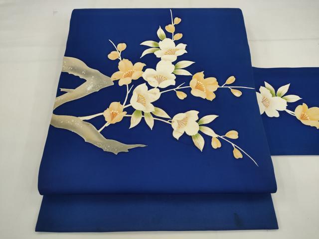 平和屋着物●塩瀬　九寸名古屋帯　枝花文　銀彩　正絹　逸品　AABK6842pf