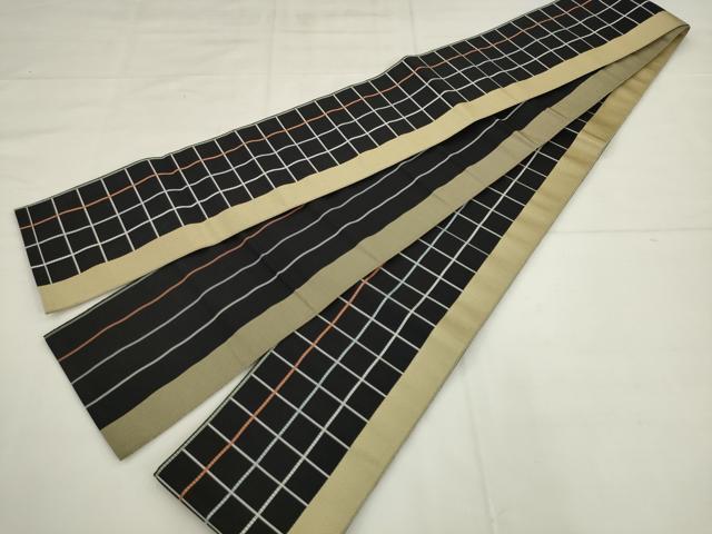 平和屋着物●本場筑前博多織　両面半幅帯　格子　児島織物謹製　証紙付き　正絹　逸品　AABK6843pf