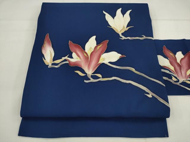 平和屋着物●塩瀬　九寸名古屋帯　枝花文　金彩　正絹　逸品　AABK6847pf