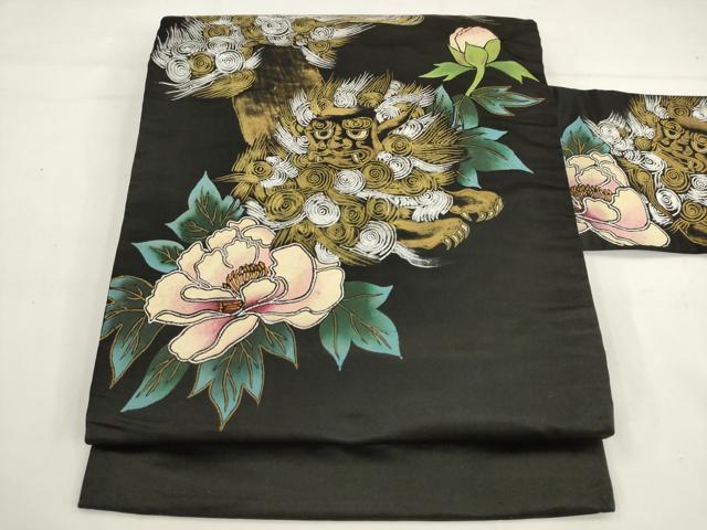 平和屋着物●アンティーク　大正ロマン　九寸名古屋帯　手描き　唐獅子　黒地　金銀彩　正絹　逸品　AABK6848pf