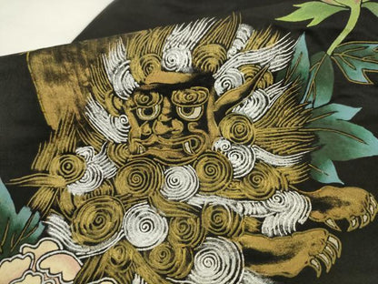 平和屋着物●アンティーク　大正ロマン　九寸名古屋帯　手描き　唐獅子　黒地　金銀彩　正絹　逸品　AABK6848pf