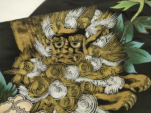 平和屋着物●アンティーク　大正ロマン　九寸名古屋帯　手描き　唐獅子　黒地　金銀彩　正絹　逸品　AABK6848pf