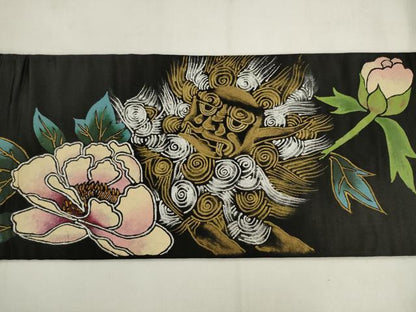 平和屋着物●アンティーク　大正ロマン　九寸名古屋帯　手描き　唐獅子　黒地　金銀彩　正絹　逸品　AABK6848pf
