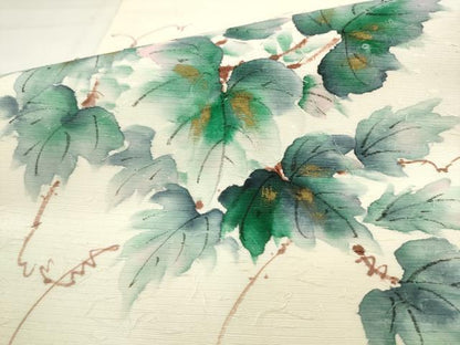 平和屋着物●九寸開き名古屋帯　髭紬　手描き　蔦の葉文様　金彩　正絹　逸品　AABK6851pf