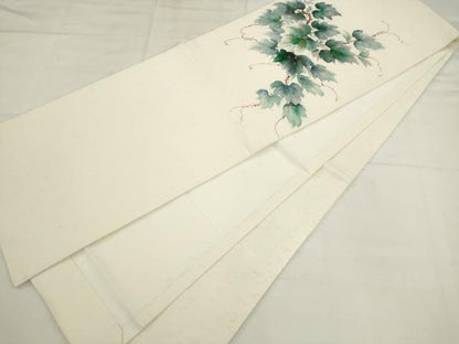 平和屋着物●九寸開き名古屋帯　髭紬　手描き　蔦の葉文様　金彩　正絹　逸品　AABK6851pf