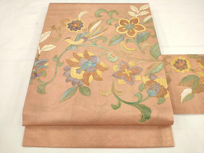 平和屋着物●九寸名古屋帯　更紗花鳥文　金彩　正絹　逸品　AABK6857pf