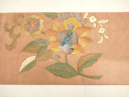 平和屋着物●九寸名古屋帯　更紗花鳥文　金彩　正絹　逸品　AABK6857pf