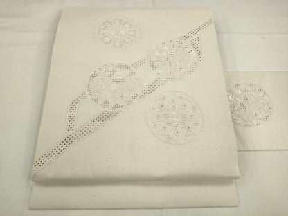 平和屋着物●中国三大刺繍　スワトウ刺繍　汕頭刺繍　総刺繍　九寸名古屋帯　紬地　草花丸文　正絹　逸品　AABK6858pf